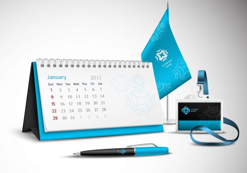 Calendar pen flag and badge corporate identity mockup set of blue color for your design on light background realistic vector illustration